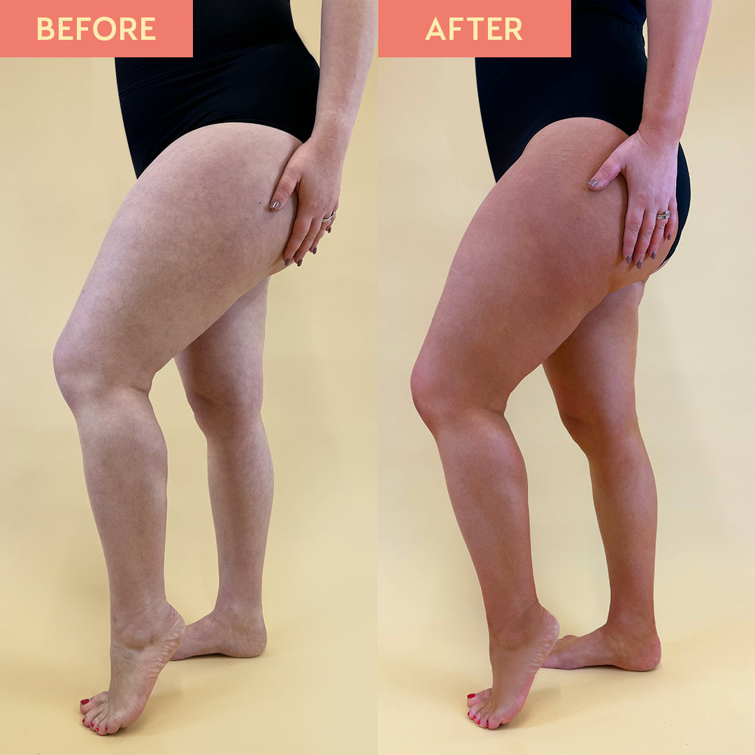 Before and after image of womans leg. The before image shows pale skin while the after image shows a dark tan after using the Dark Express Liquid Tan
