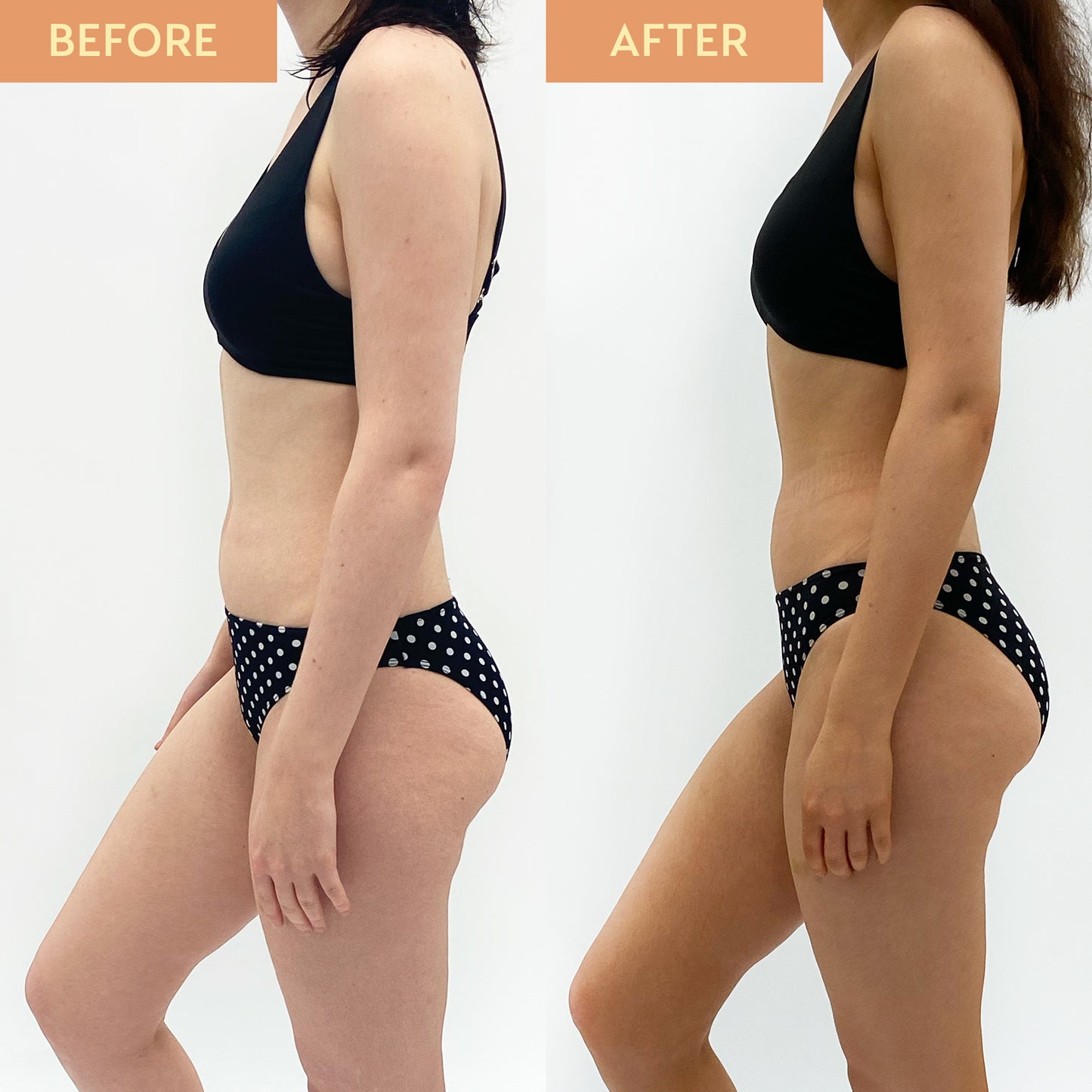 Image of a girl standing side on, showing before and after a golden he-shi spraytan