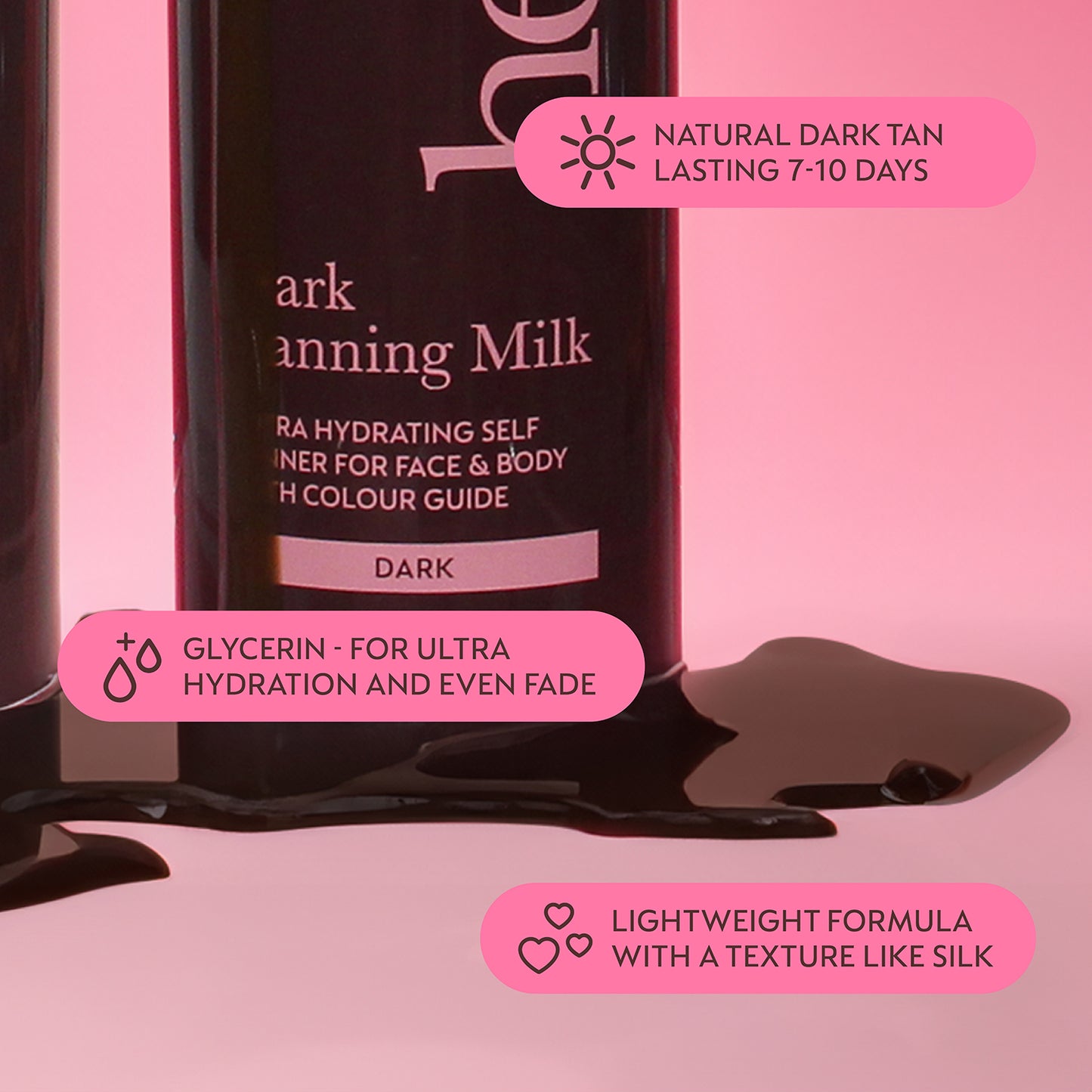 image of He-Shi Dark Tanning Milk poured out and text highlighting the key product features