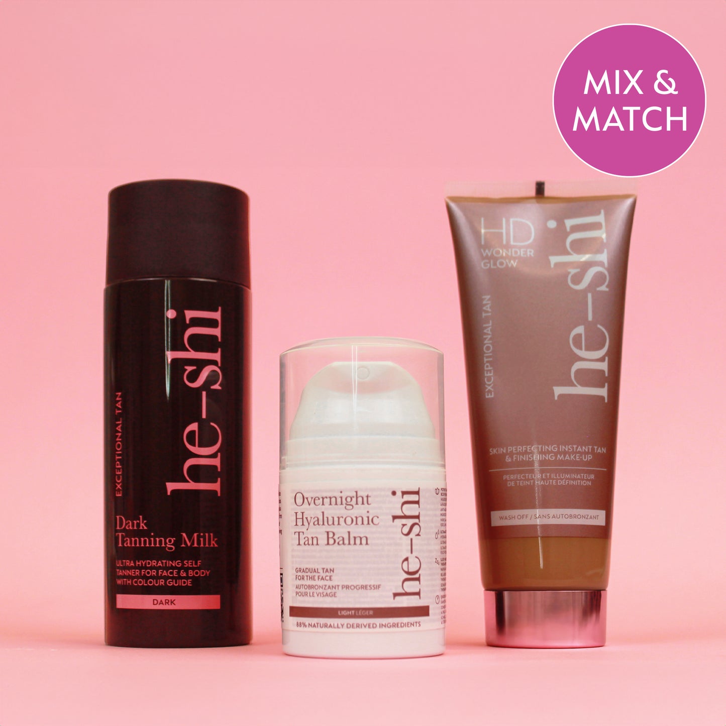 Three he-shi tanning products on a pink background with 'Mix & Match' text.
