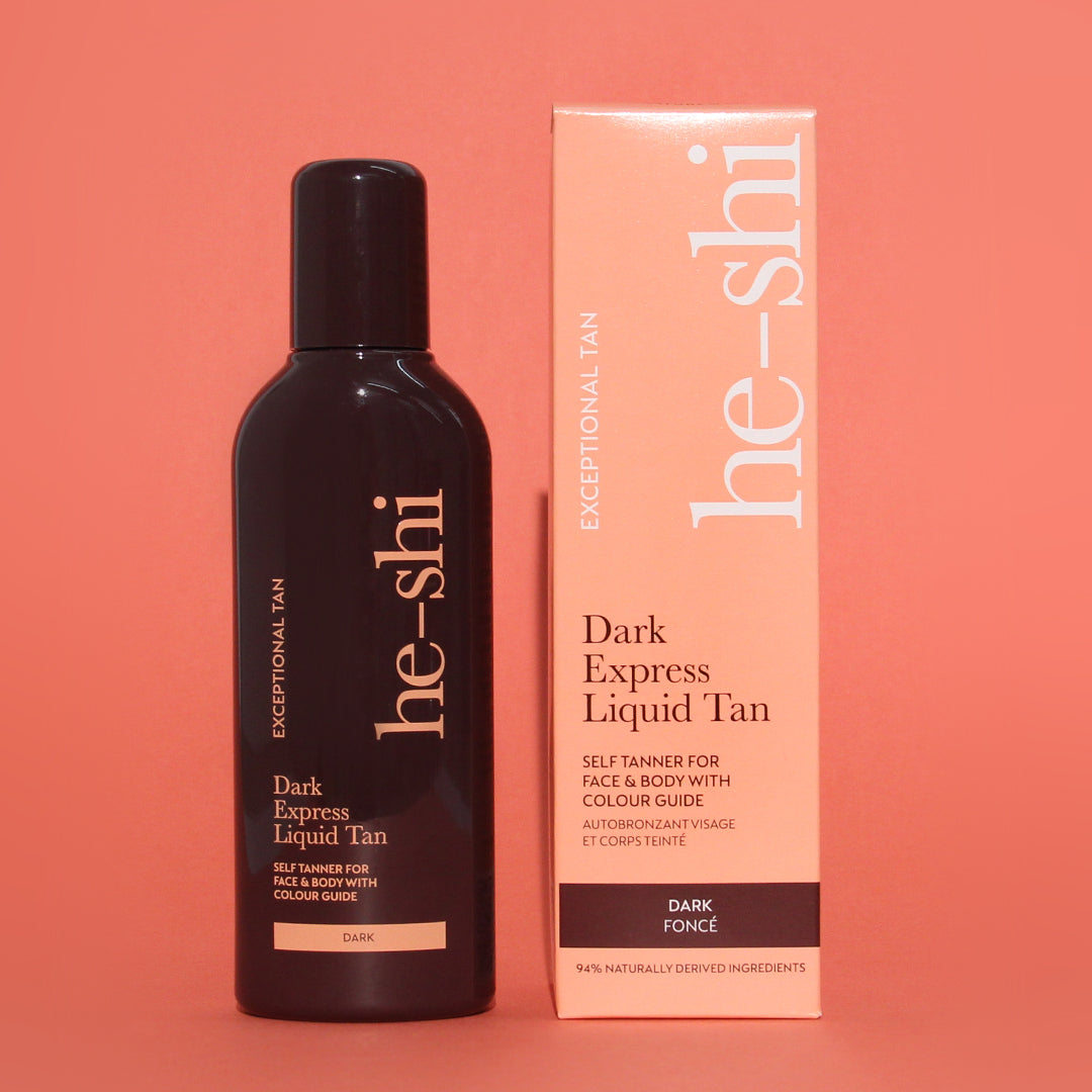 Image of He-Shi Dark Express Liquid Tan bottle and box on peach background