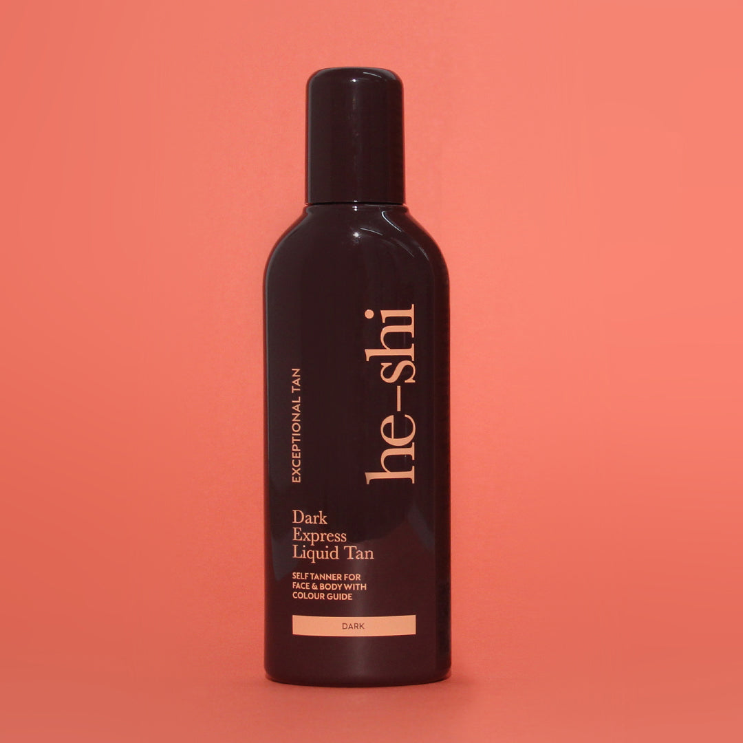 Image of He-Shi Dark Express Liquid Tan on peach background