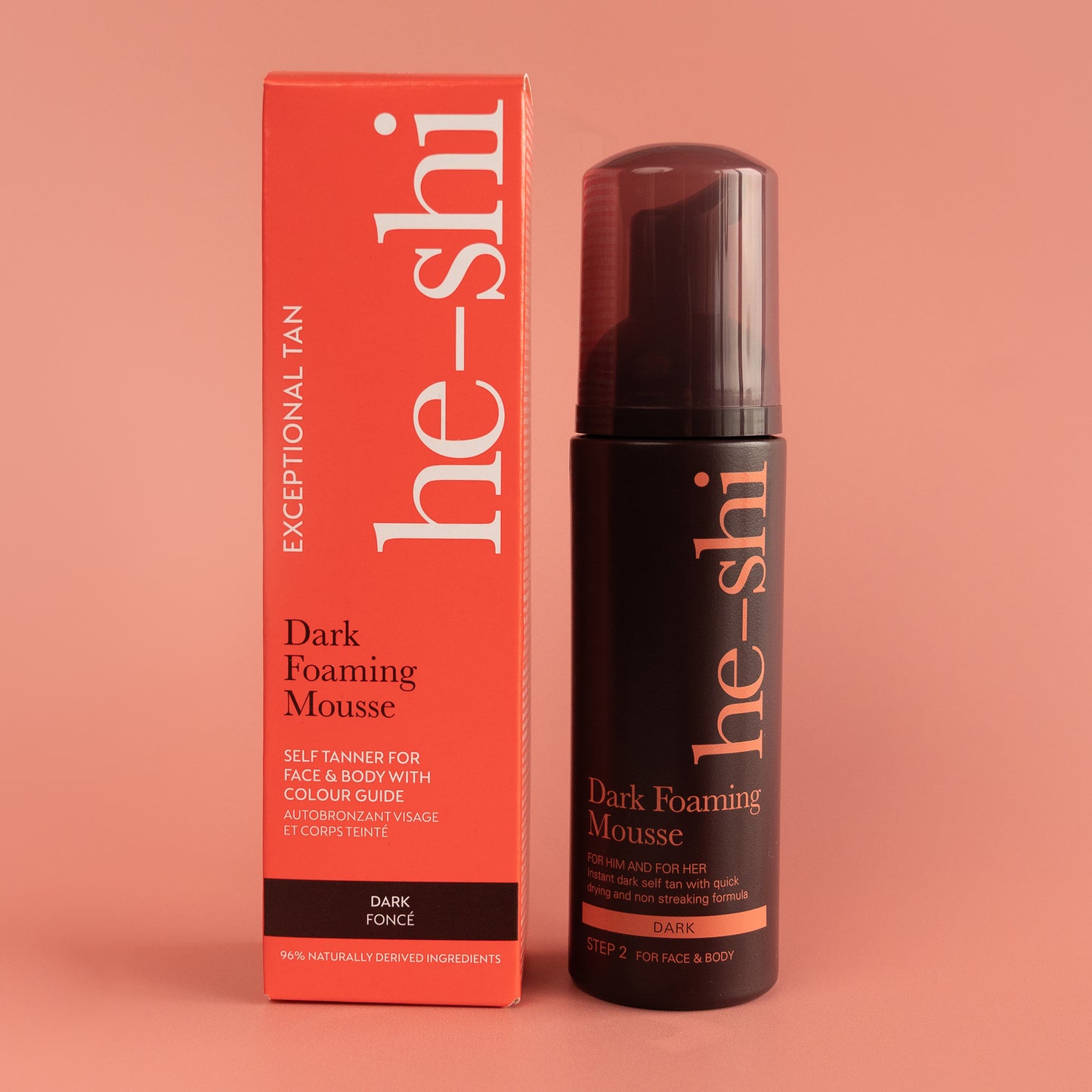 Image of Dark Foaming Mousse bottle and outer box on peach background