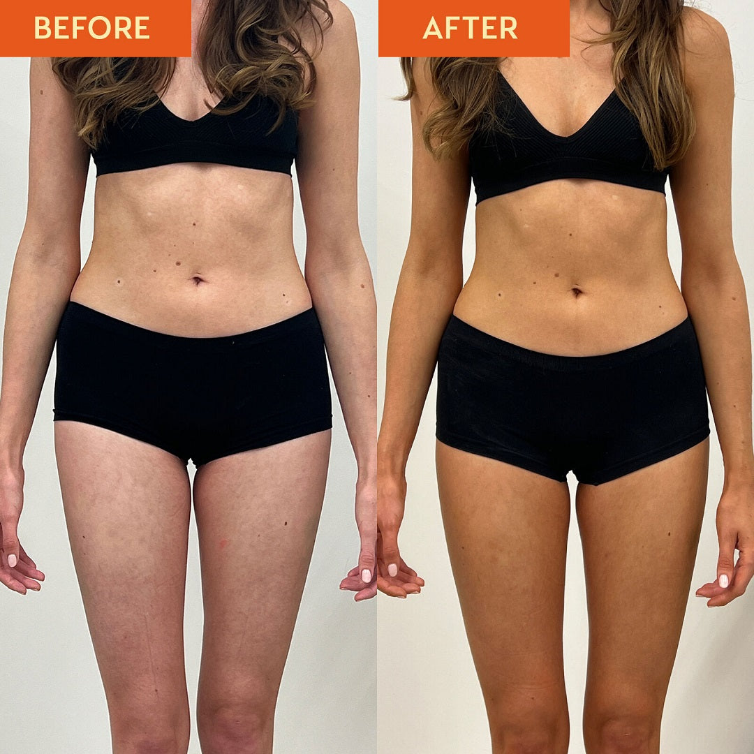 Before and after image of a woman's body. The before image shows pale skin and the after image shows a natural, dark tan as a result of using the He-Shi Dark Gradual Tan