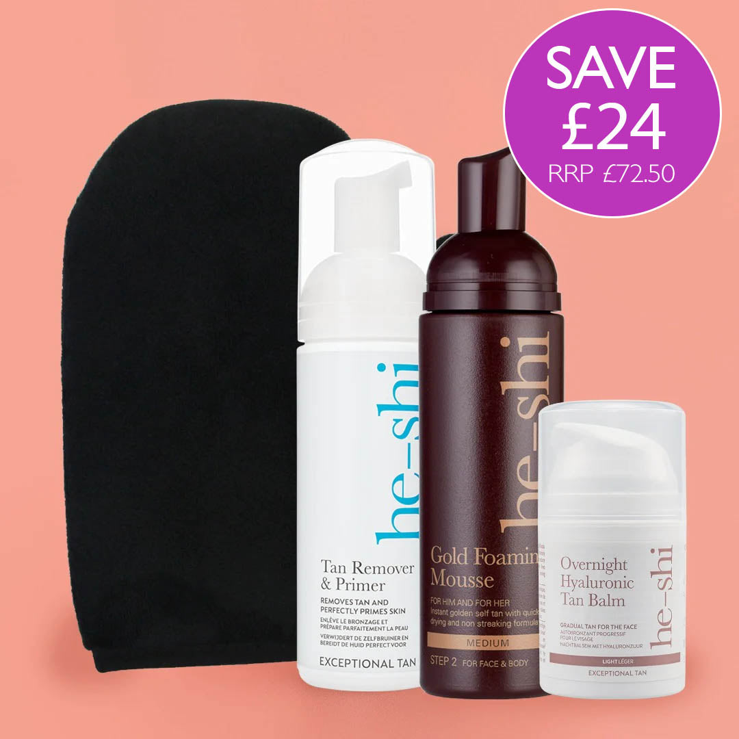 Image of the products contained in the He-Shi Get Glowing Edit bundle. It contains a Tan remover, Gold Foaming Mousse, Overnight Hyaluronic Tan Balm and velvet tanning mitt. The image also features a roundel with the text "Save £24. RRP £72.50"