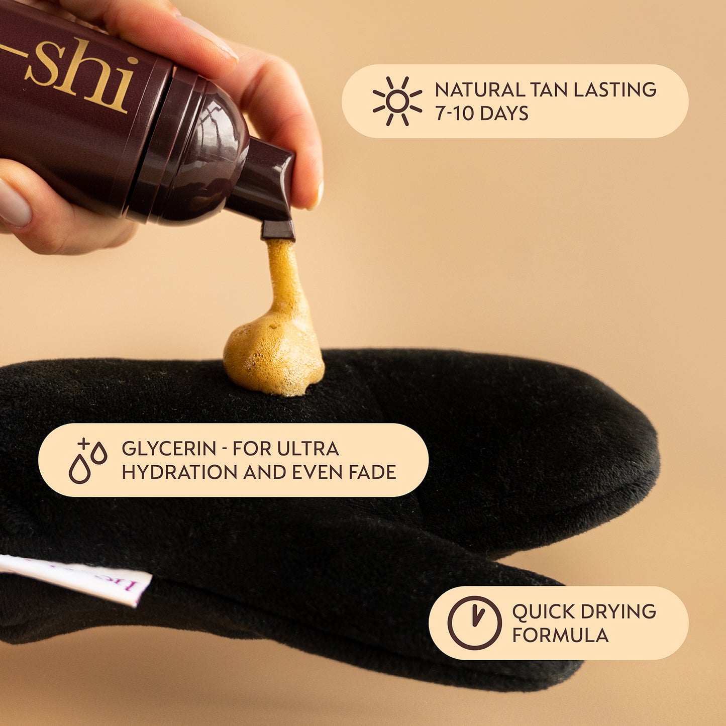 Image of hand pumping He-Shi Gold Foaming Mousse onto a tanning mitt and text highlighting the key product features