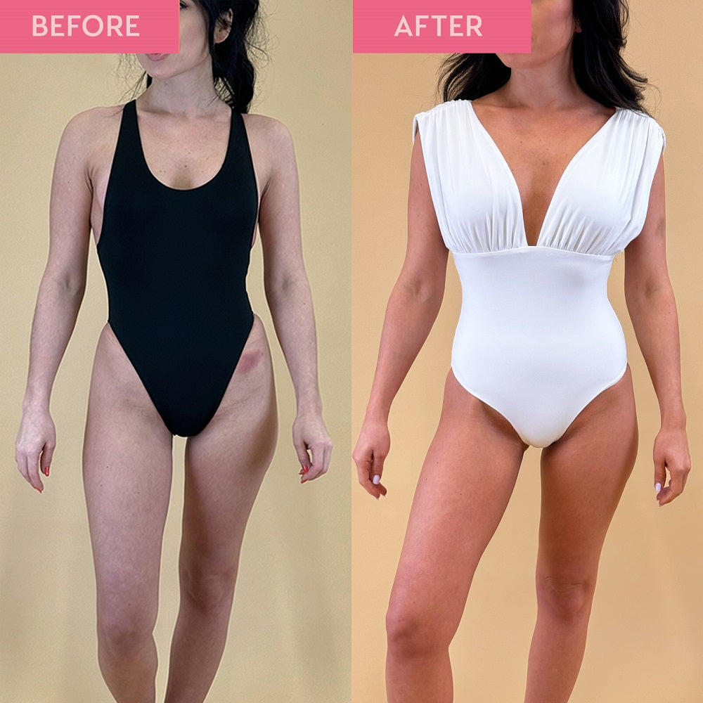 Before and after image of a woman in a swimsuit. The before image shows pale skin and the after image shows a natural, medium tan as a result of using the He-Shi Gold Tanning Milk