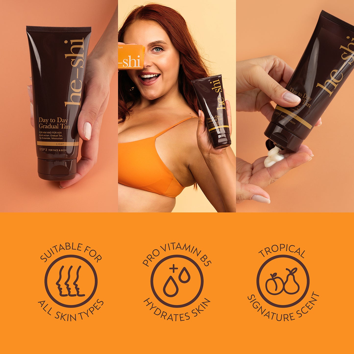 Collage of images of He-Shi Light Gradual Tan bottle and applied on skin. Image also features the following key product features: 'suitable for all skin types', 'pro vitamin B5 hydrates skin' and 'tropical signature scent'