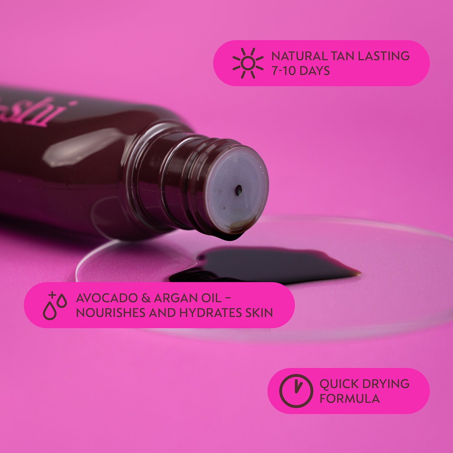 Image of He-Shi Rapid 1 Hour Liquid Tan laying on its side with the tan spilling out and text highlighting the key product features