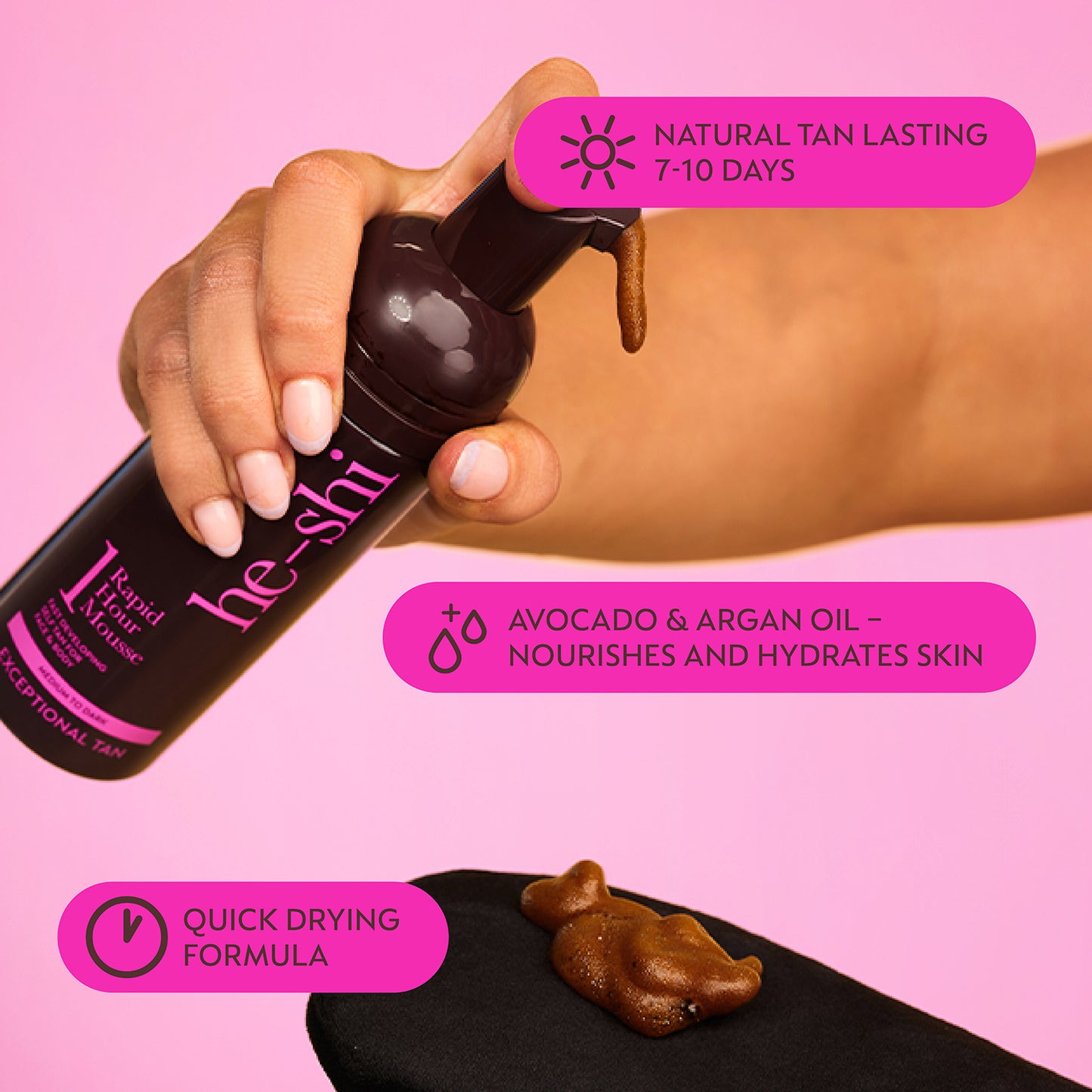 Woman holding He-Shi 1 Hour Rapid Mousse and pumping the product onto a He-Shi Velvet Tanning Mitt and text highlighting the key product features