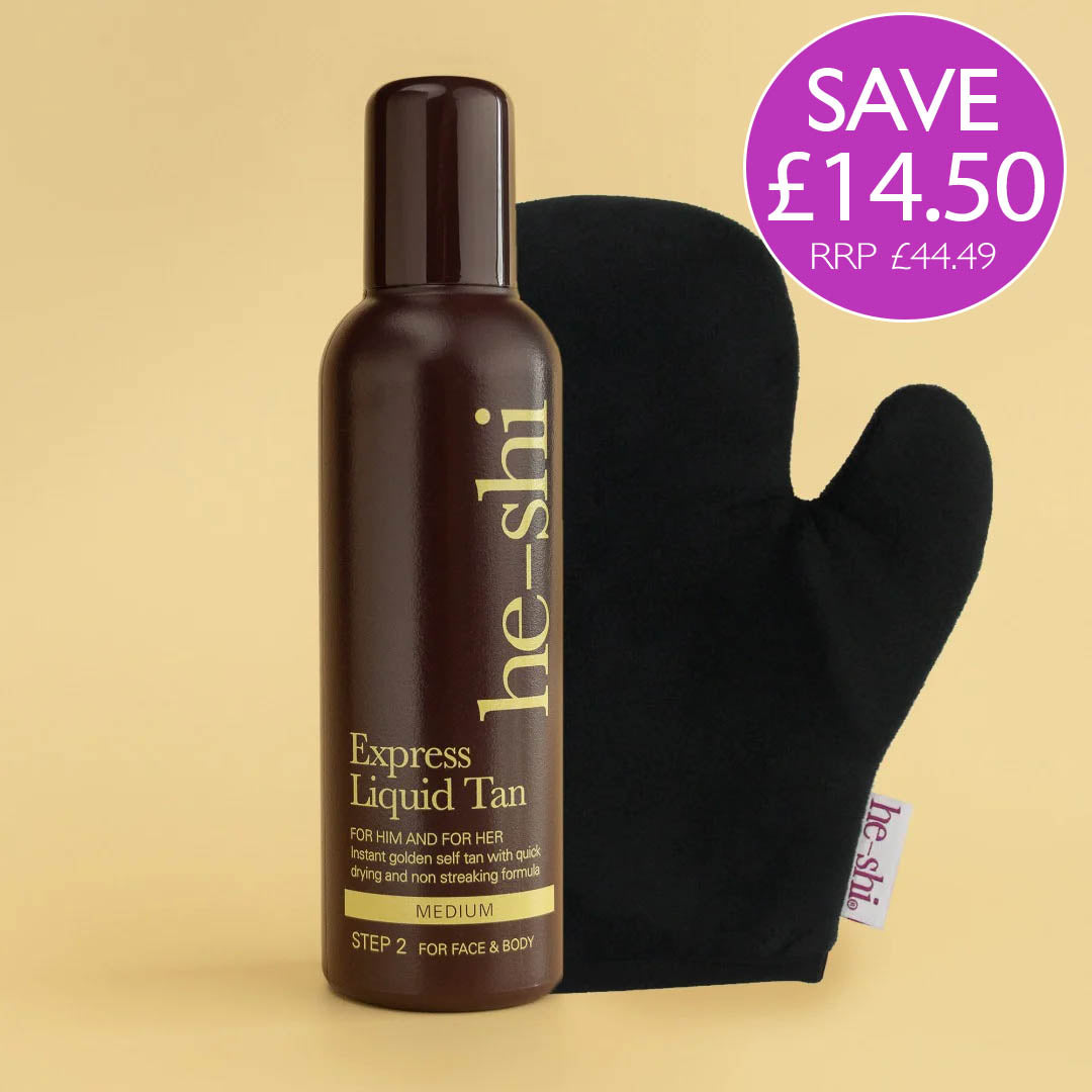he-shi 300ml liquid tan large bottle with a tanning mitt shown as a kit