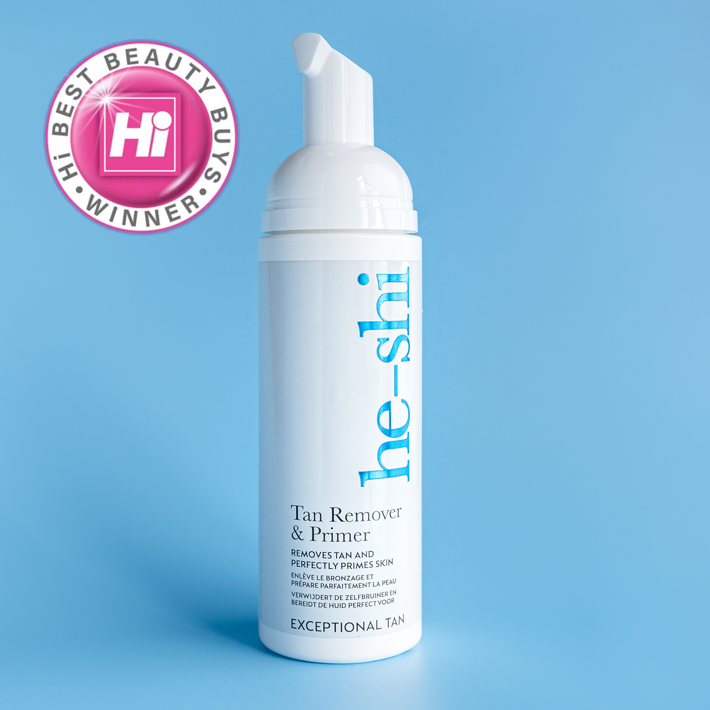 Image of he shi tan remover and primer bottle on a blue background and featuring A Hi Best Buys Winner Award icon