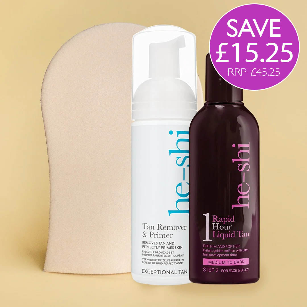 Image of the products contained in the Tanning 101 Bundle on a yellow background and featuring a purple roundel with the text "Save £15.25. RRP £45.25"