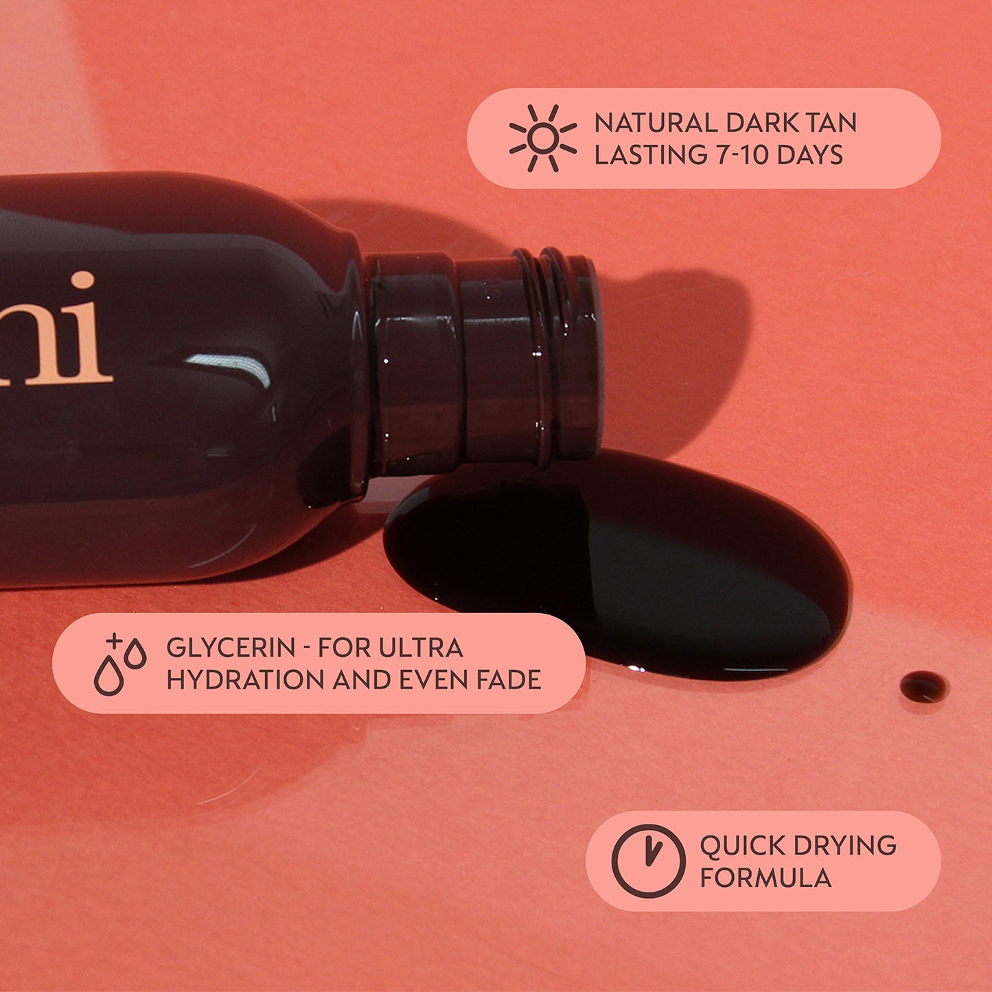Image of He-Shi Dark Express Liquid Tan bottle on its side the product out and text highlighting the key product features