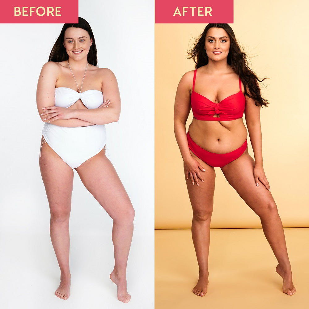 Before and after image showing the difference in skin tone after applying the products in this bundle