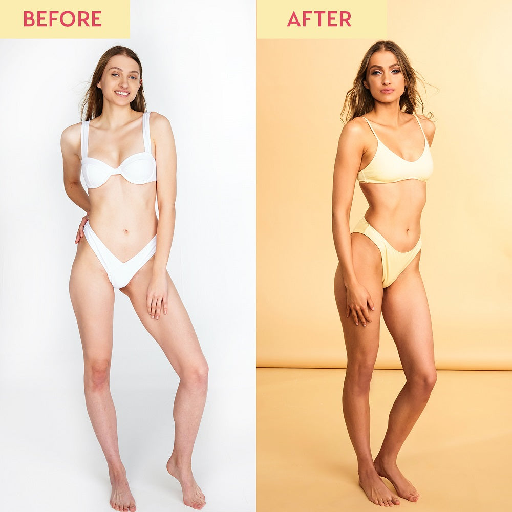 before and after image of woman showing more tanned skin in the after photo