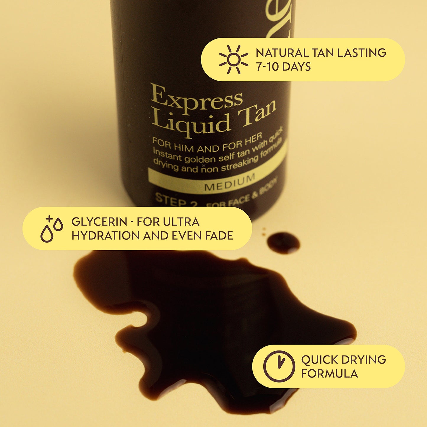 Express Liquid Tan bottle with product features highlighted on a beige background