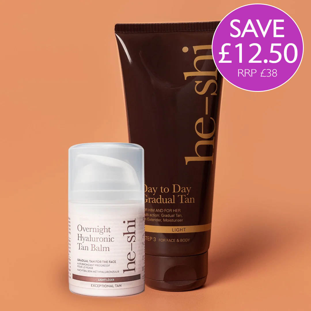 Image of the products contained in the Light Tanning bundle on an orange background. The image features a purple roundel with the text "Save £12.50. RRP £38)