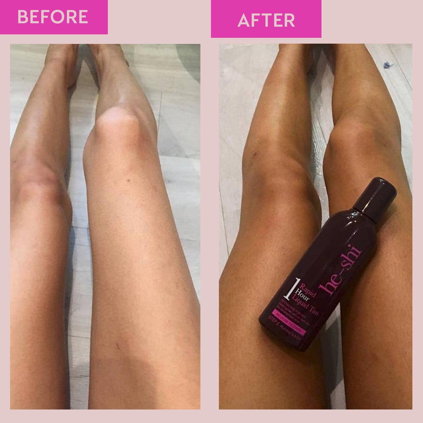 Before and after image showing skin before and after using the products in the Tanning 101 Bundle. The image demonstrates the medium tanning results achieved by the products.