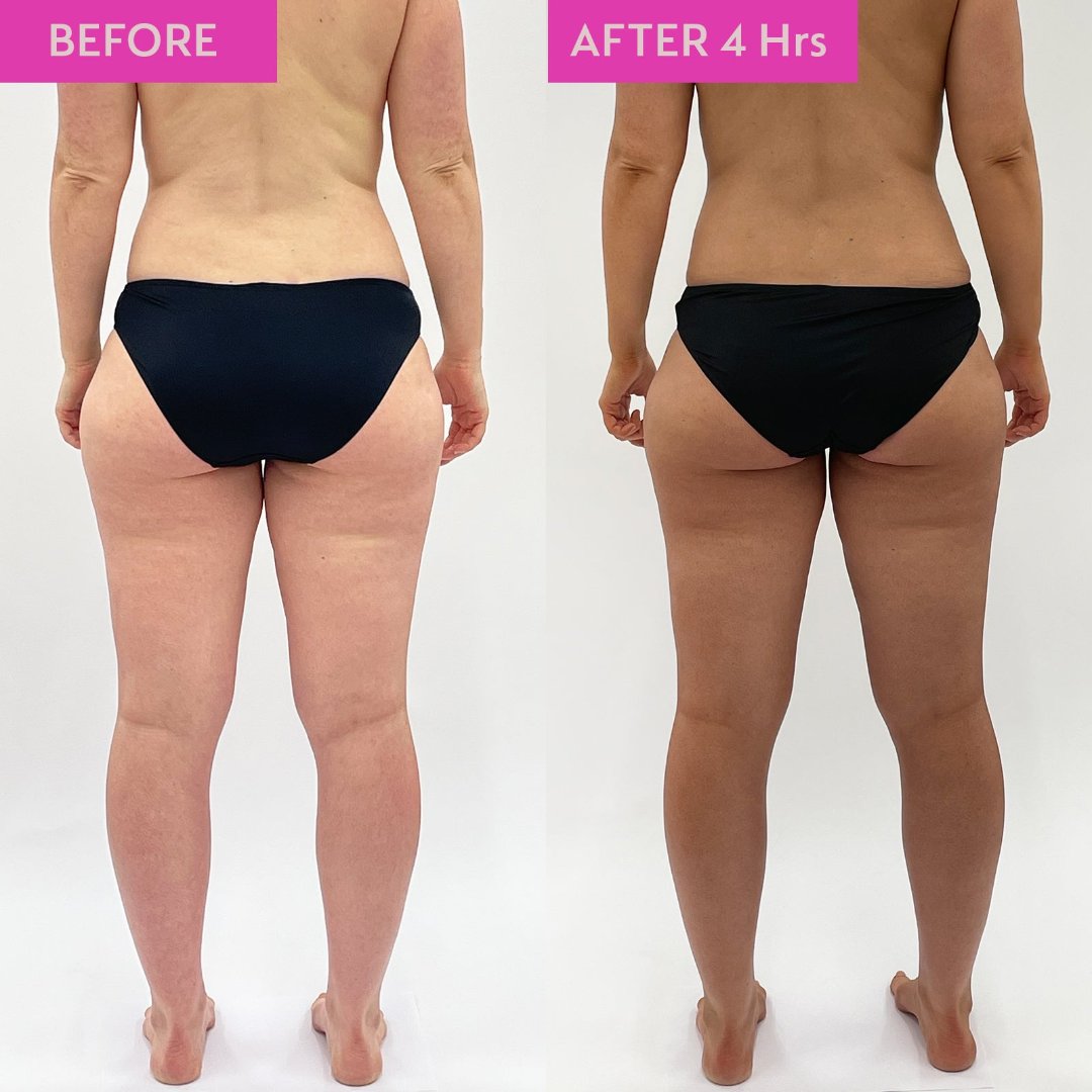 Image of a girls back and legs showing results of a rapid spray tan before and after tanning.