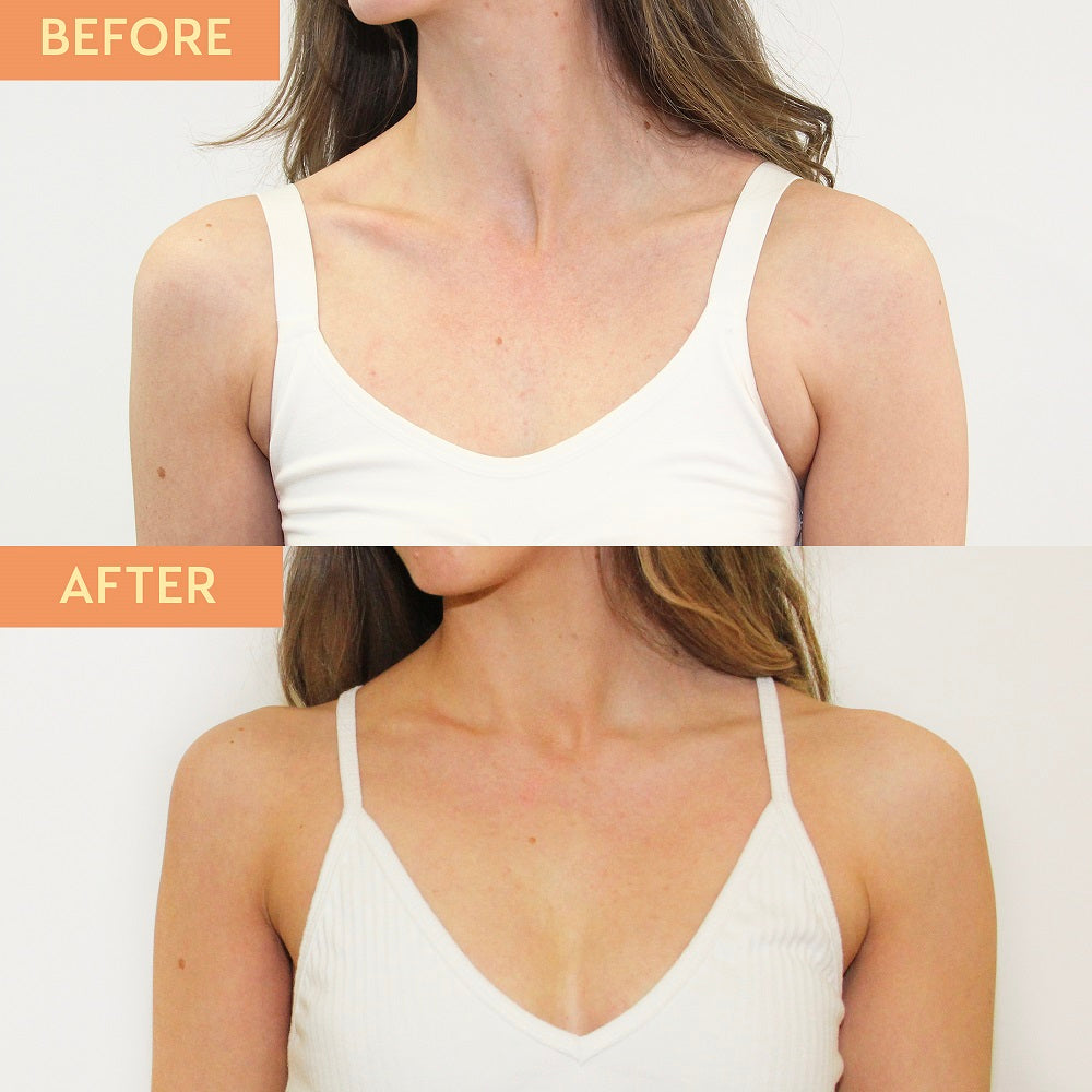 Image of a woman before and after using
He-Shi Light Day to Day Gradual Tan. The image shows a light, natural looking tan.