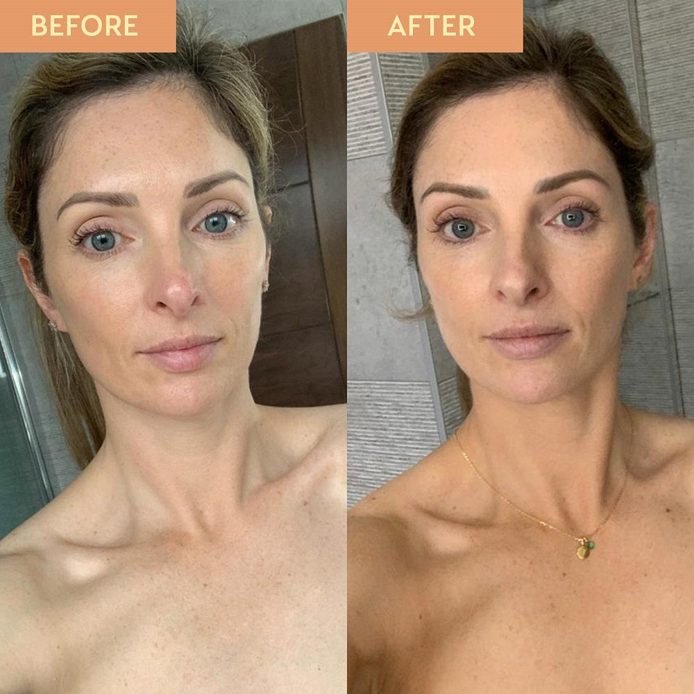 Before and after image of woman's face and chest. The before image shows pale skin whilst the after image shows a natural, medium tan following application of the products in this bundle