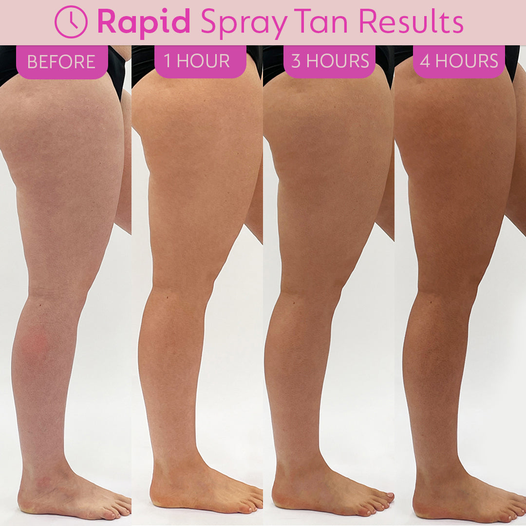 Progressive before and after image showing a woman’s legs after applying He-Shi Rapid Liquid Tan. The image is divided into four panels labeled “Before,” “1 Hour,” “3 Hours,” and “4 Hours,” showing a gradual deepening of tan colour over time—from fair skin to a rich, sun-kissed glow.