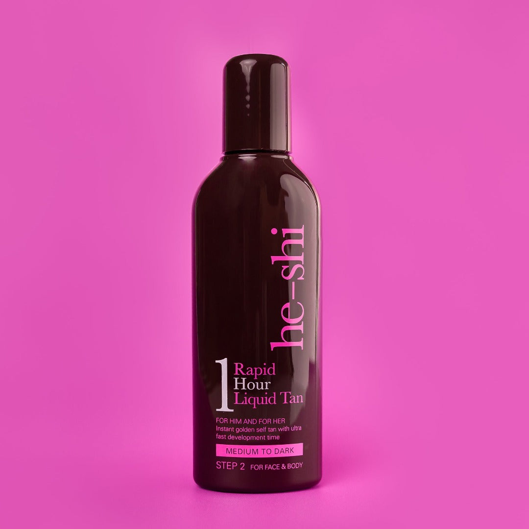 Bottle of rapid tan by he-shi shown on a pink background