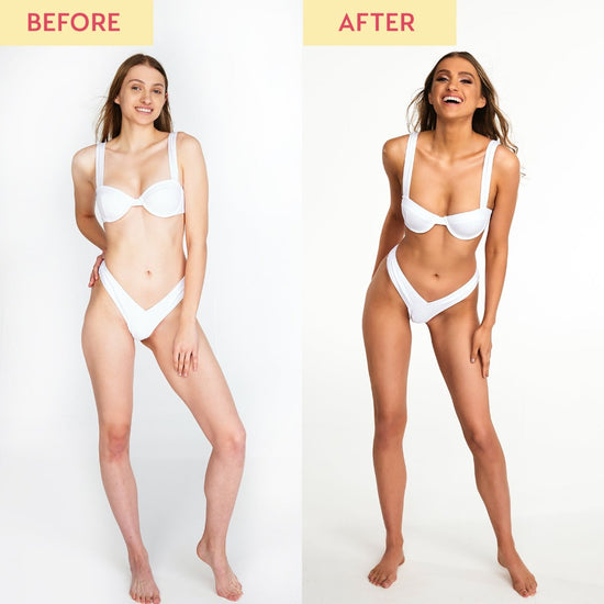 before and after video showing a lady in a bikini after usine hi-she liquid fake tan