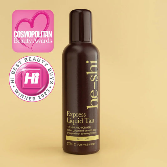 an image of the he-shi express liquid tan bottle displayed on a cream background with cosmo award and hi best beauty buys award shown 