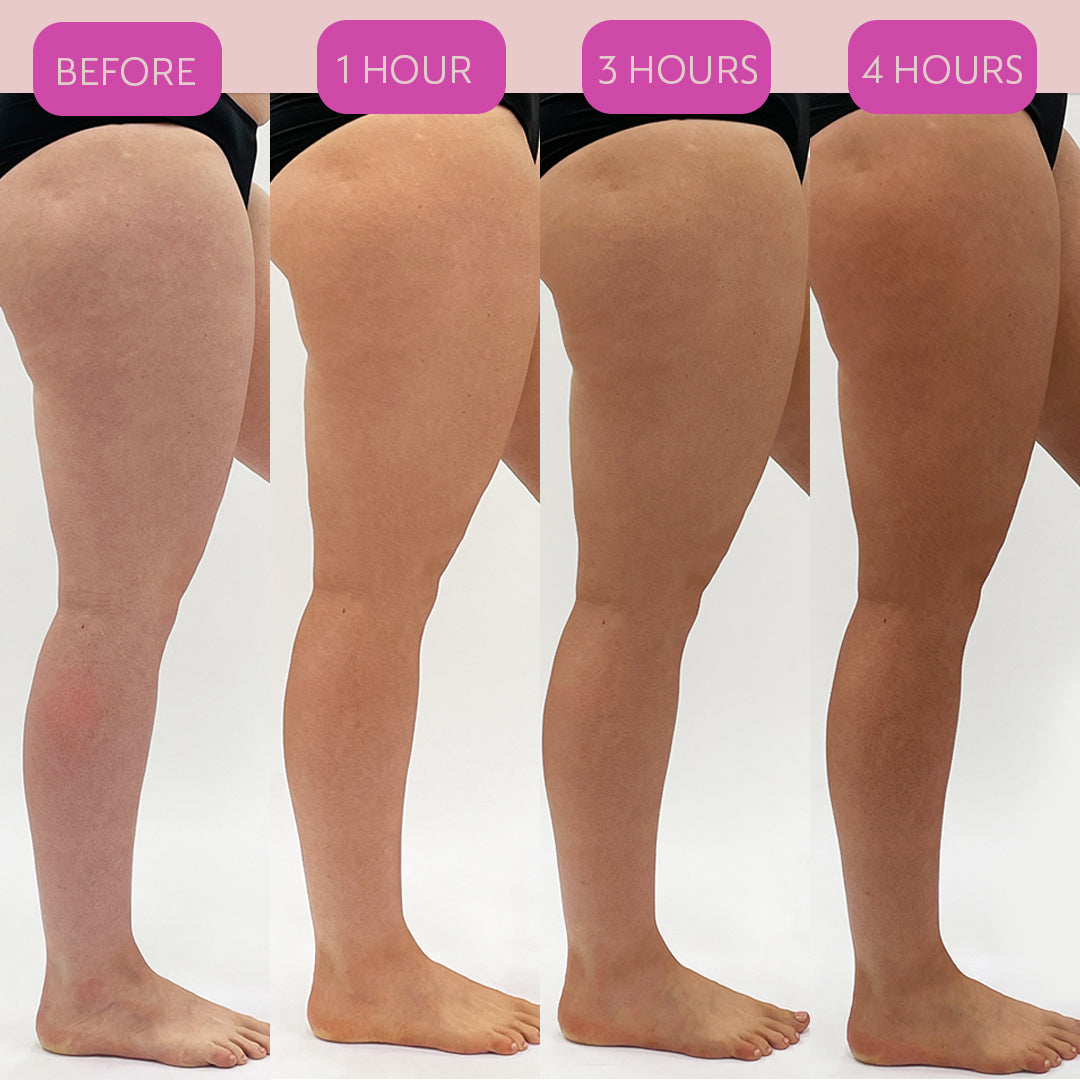 image of legs shown the colour difference between 1-4 hours after using rapid fake tan 