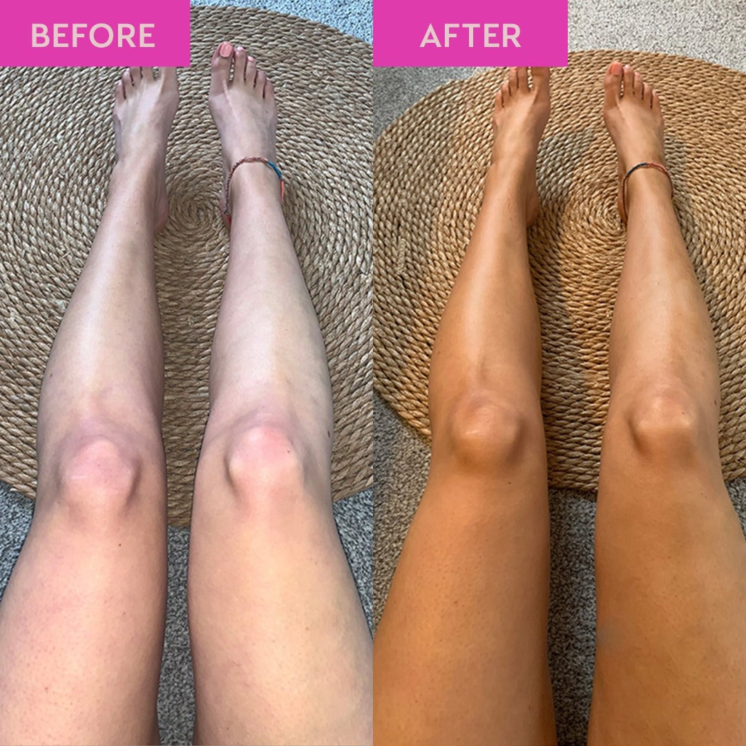before and after picture of legs using hi-she 1 hour mousse tan