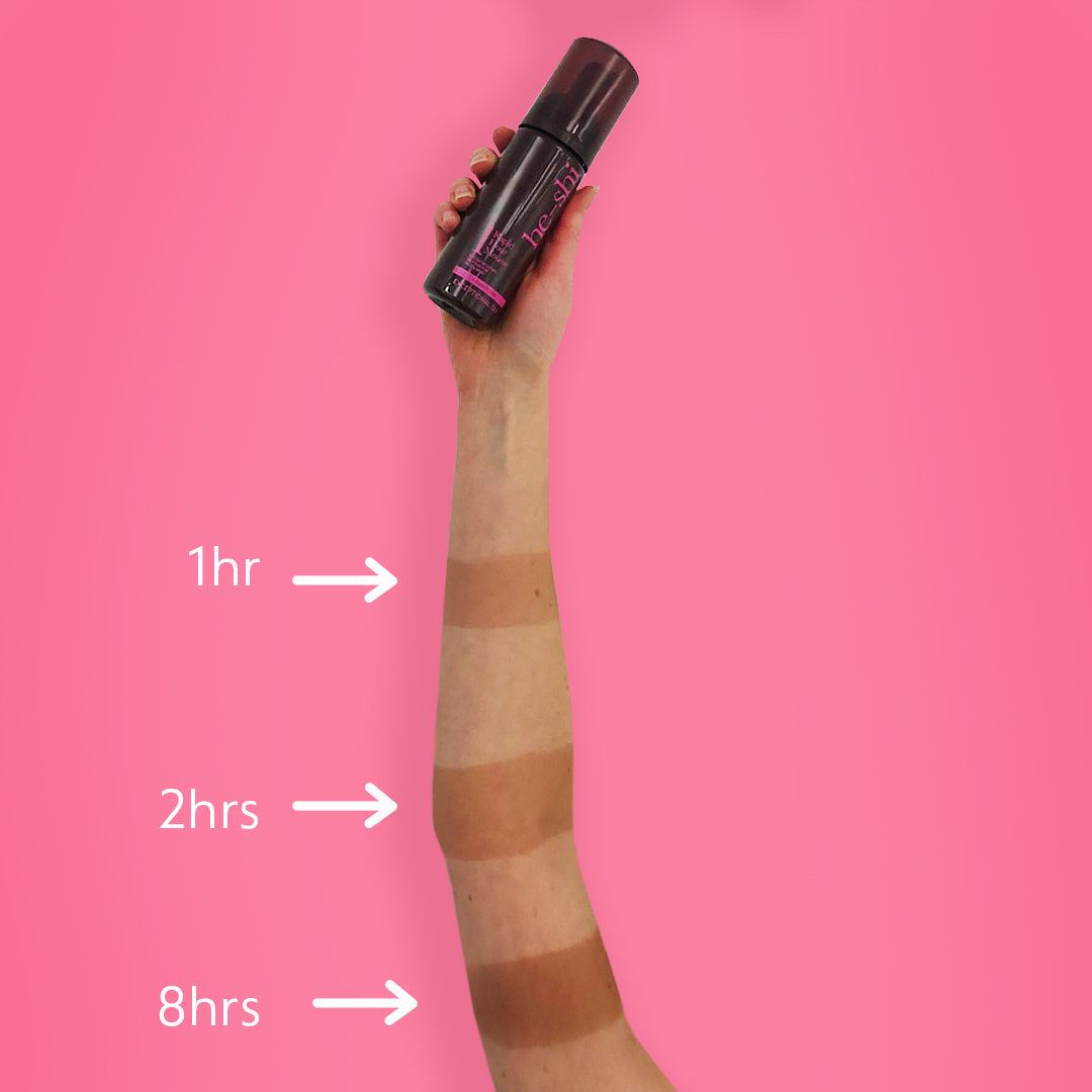 an arm with he-shi rapid tan mouse showing development after 1 hour, 2 hours and 8 hours. The image demonstrates how the tan becomes darker as it is left on the skin for longer.