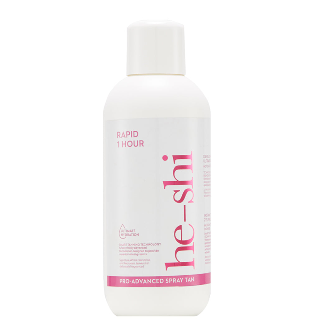 He-shi rapid 1 hour spraytanning solution bottle on a white background