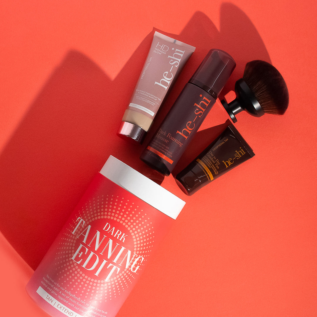 Image showing He-Shi's Tanning Edit Gift Set with the products contained spilling out of it