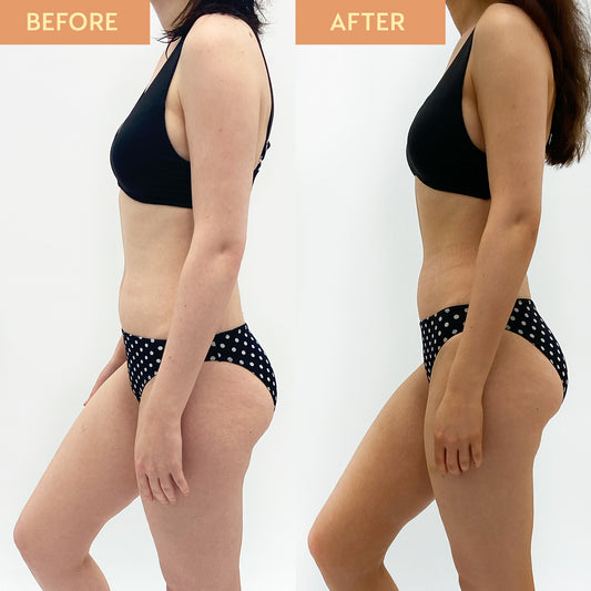 Before and After image of a woman in a black bikini. The before image shows her with pale skin and the after image shows her with a natural-looking medium tan following a He-Shi gold spray tan