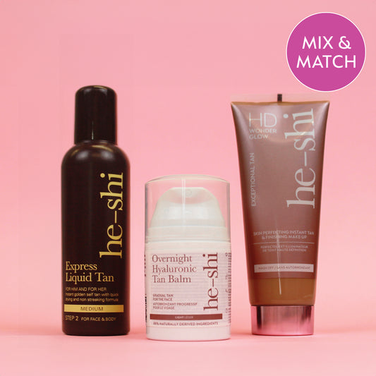 Three tan products from he-shi on a pink background with 'Mix & Match' text.