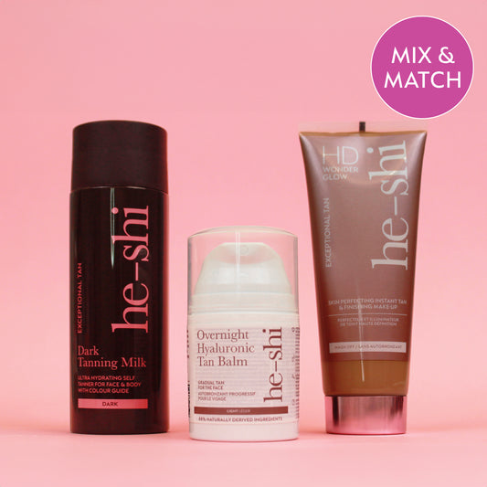 Three he-shi tanning products on a pink background with 'Mix & Match' text.