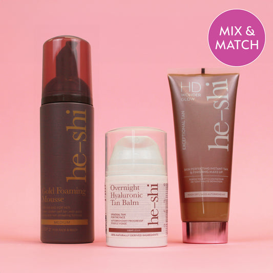 Three he-shi skincare products on a pink background with 'Mix & Match' text.