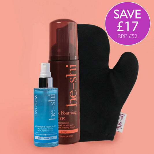 3 products shown as a bundle including H2) Hyaluronic Face Mist, He-Shi Dark Foaming Mousse and velvet tanning mitt on a peach background