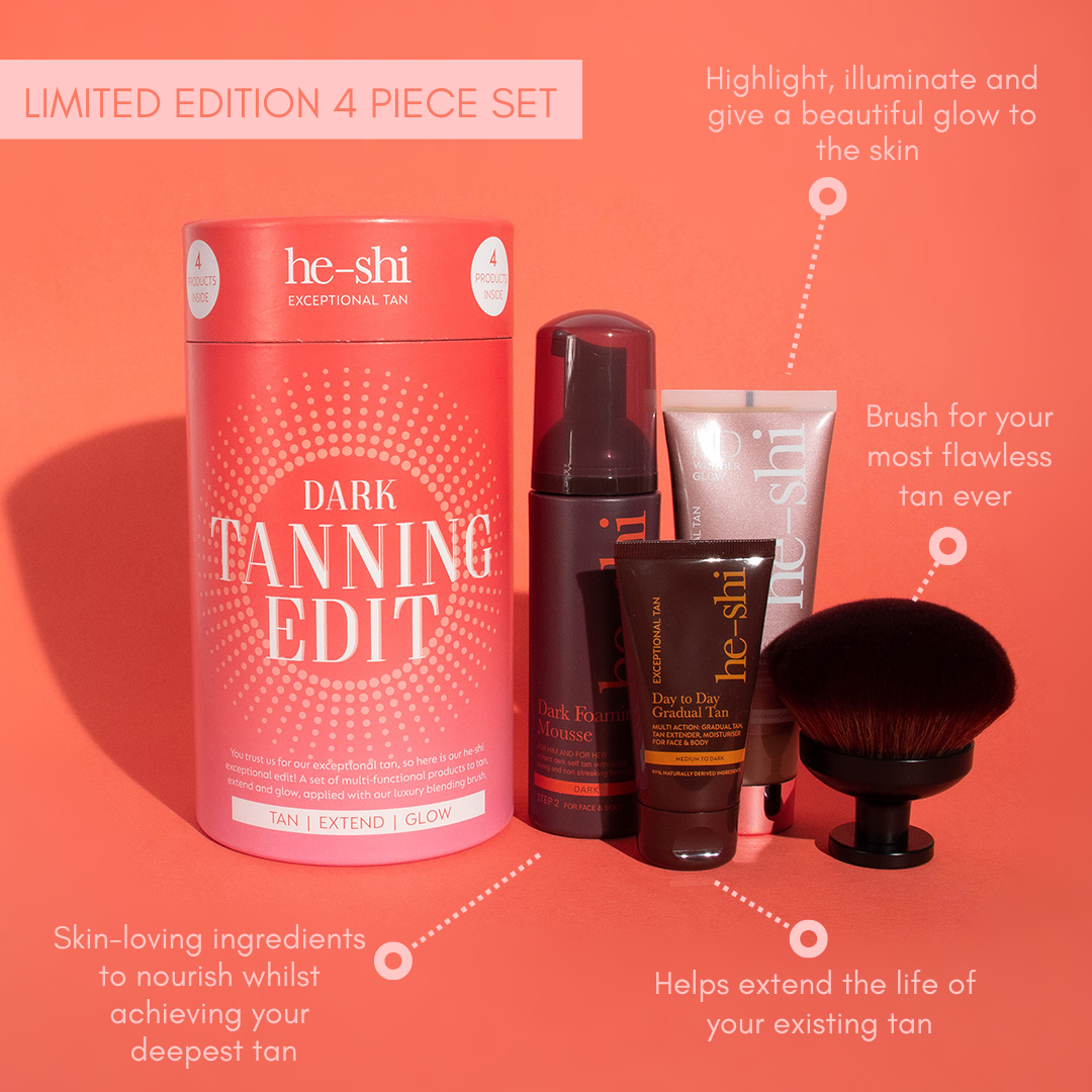 Image showing the key benefits of each product contained inside the He-Shi's Tanning Edit Gift Set