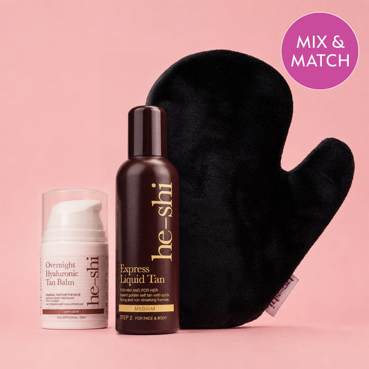 He-Shi products on a pink background featuring a he-shi Express Liquid Tan bottle, a Overnight Hyaluronic Tan Balm tube, a tanning mitt, and a purple 'MIX & MATCH' badge.