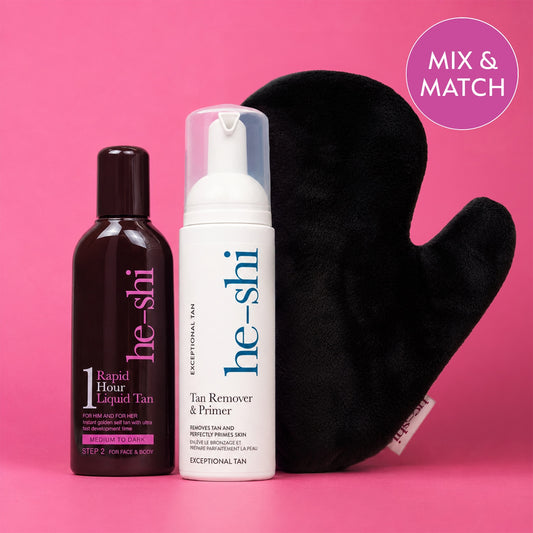 Three He-Shi products arranged on a pink background: a dark brown bottle labeled Rapid Hour Liquid Tan, a white pump bottle labeled Tan Remover & Primer, and a black mitt. A purple circle in the top right says 'MIX & MATCH'.