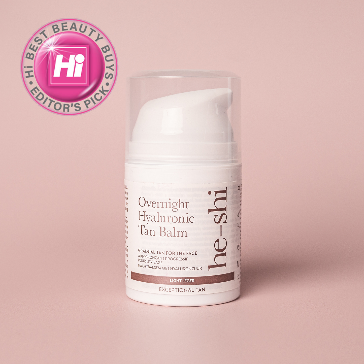 Image of He-Shi Overnight Hyaluronic Tan Balm on light pink background and Hi Best Beauty Buys award icon