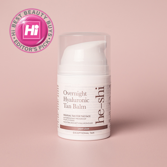Image of He-Shi Overnight Hyaluronic Tan Balm on light pink background and Hi Best Beauty Buys award icon