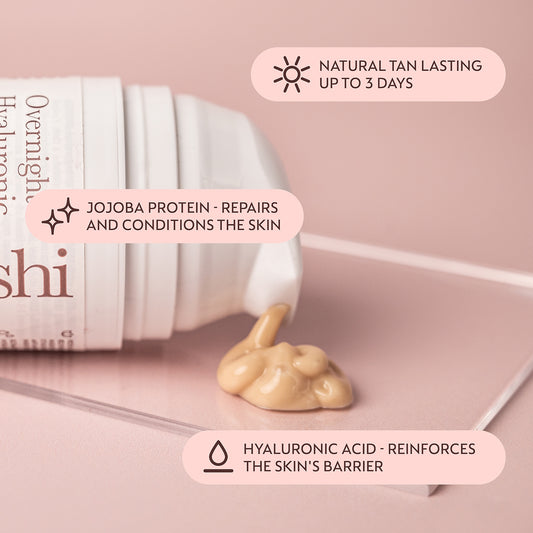 Image of He-Shi Overnight Hyaluronic Tan Balm on its side with product spilling out onto a glass plinth and text highlighting the key product features