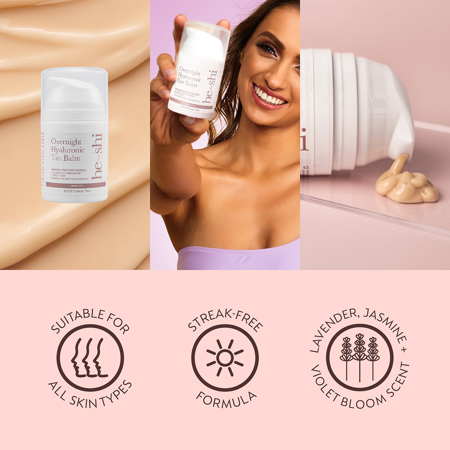 Collage of images of He-Shi Tan Balm bottle and applied on skin. Image also features the following key product features: 'suitable for all skin types', 'streak free formula' and 'lavender, jasmine and violet bloom scent'