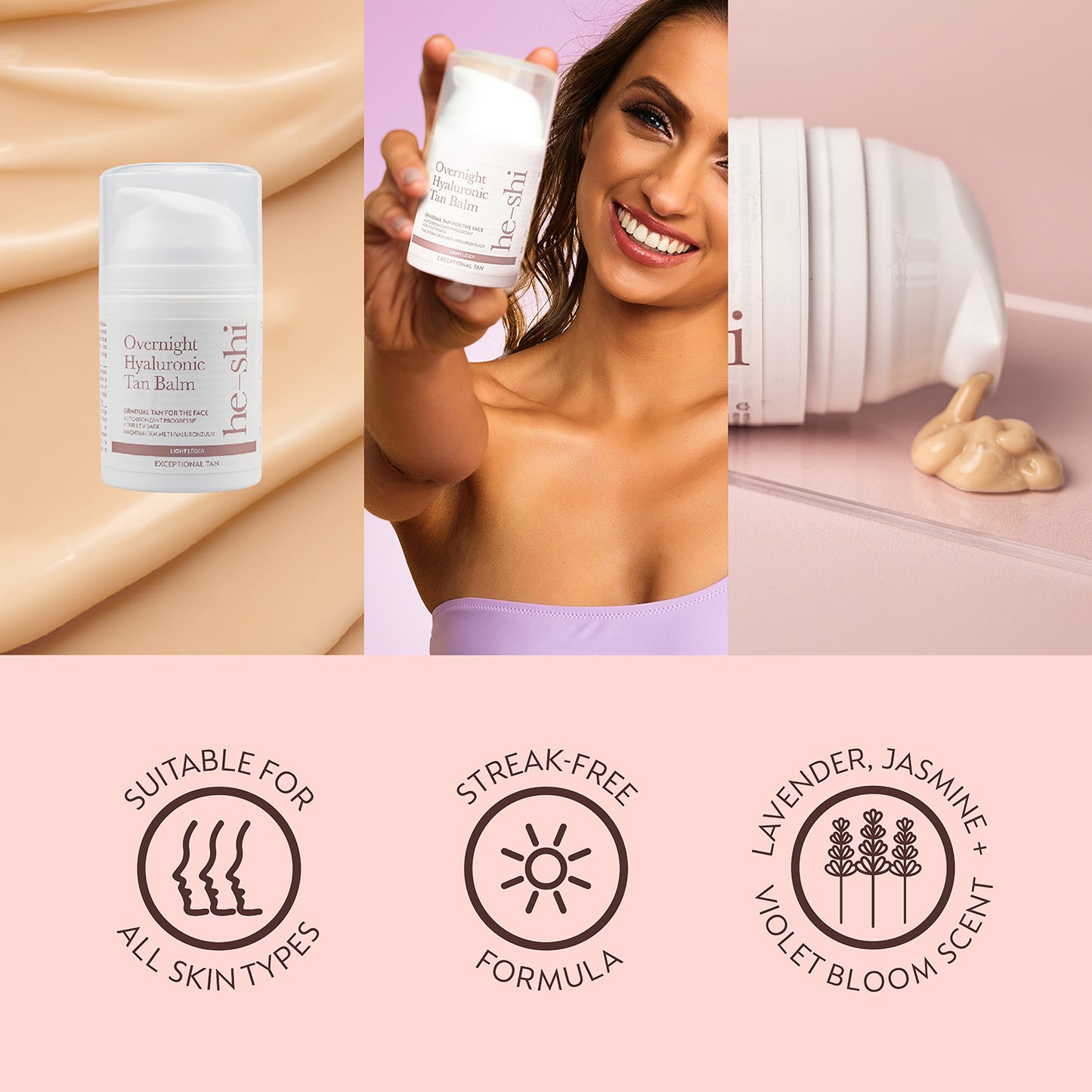 Collage of images of He-Shi Tan Balm bottle and applied on skin. Image also features the following key product features: 'suitable for all skin types', 'streak free formula' and 'lavender, jasmine and violet bloom scent'