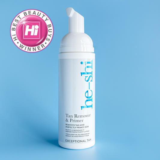 Image of he shi tan remover and primer bottle on a blue background and featuring A Hi Best Buys Winner Award icon