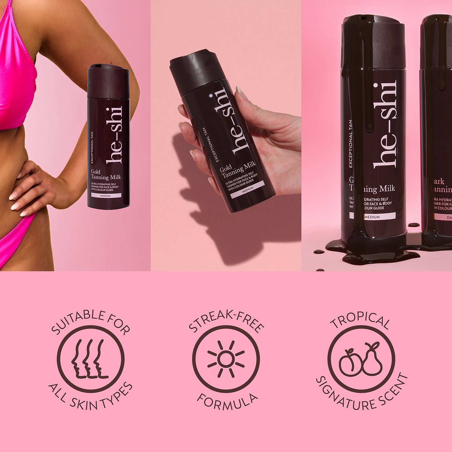 Collage of images of He-Shi Gold Milk Tan bottle and applied on skin. Image also features the following key product features: 'suitable for all skin types', 'streak free formula' and 'tropical signature scent'